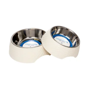 Country Living Set Of 2 Stainless Steel Dog Bowls with Twill Melamine Stand, Stylish & Durable Pet Feeder, Easy Clean, Modern Design White Swan